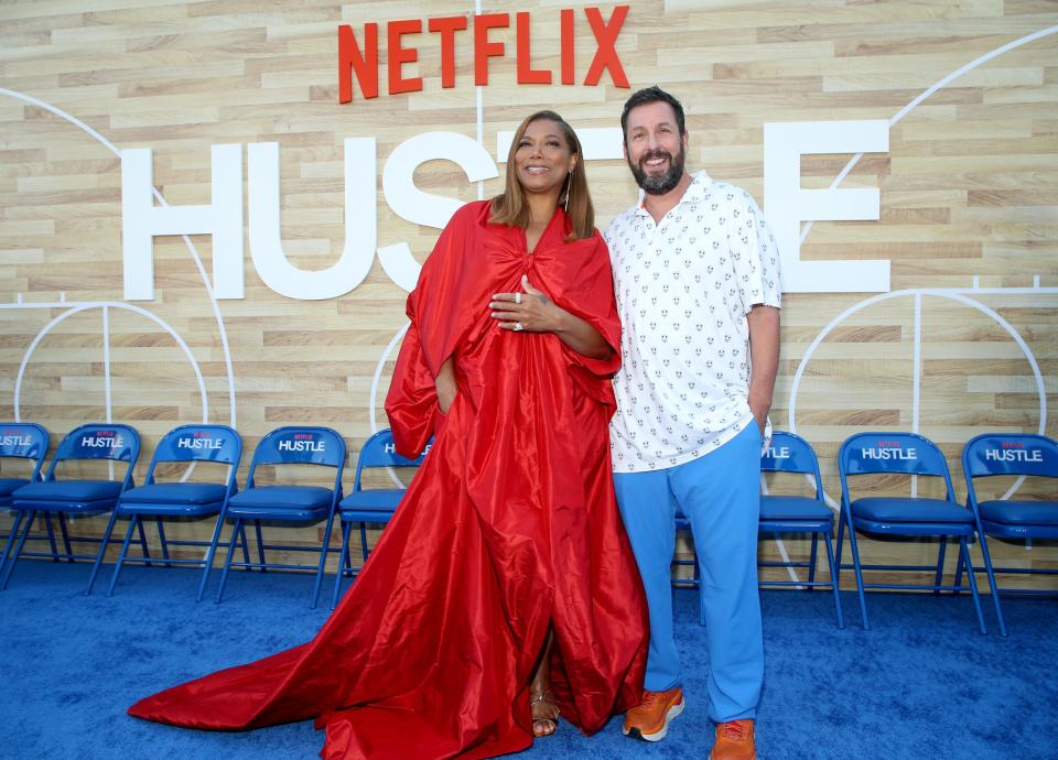 June 1, 2022: (L-R) Queen Latifah and Adam Sandler attend the Netflix World Premiere of "Hustle" at Regency Village Theatre in Los Angeles, California.