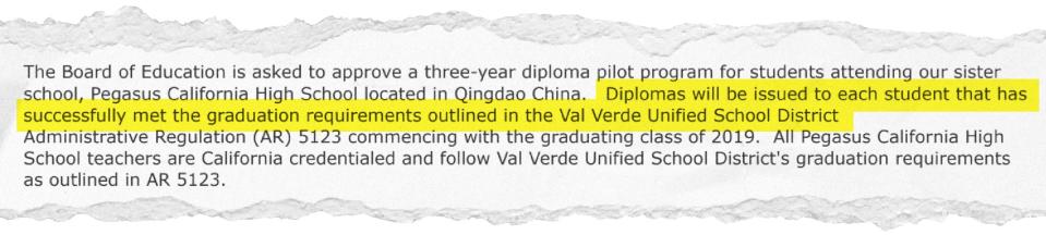 The Val Verde Board of Education approved the diploma pilot program for Pegasus in April 2017