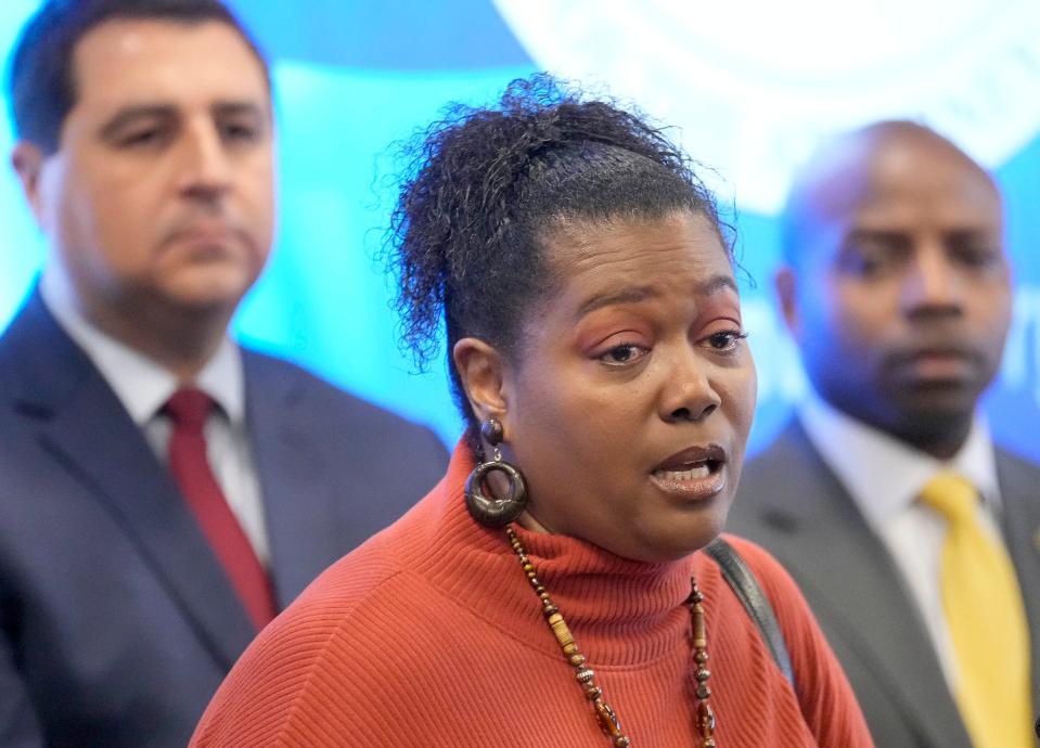 Tammy Bartley, who had her 2022 Kia vandalized,  speaks about the ordeal during a press conference calling on Kia and Hyundai help remedy the crisis of car thefts, at Milwaukee Police Administration Building in Milwaukee on Monday, March 20, 2023. Milwaukee leaders, in a coalition of attorneys general, are sending a letter to Kia America (Kia) and Hyundai Motor Company (Hyundai) calling on their leadership to take swift and comprehensive action to help stop the stolen car issues that has occurred as a result of the companies’ failure to equip vehicles with anti-theft immobilizers.