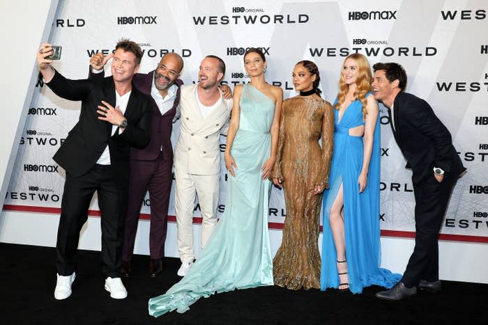 Luke Hemsworth, Jeffrey Wright, Aaron Paul, Angela Sarafyan, Tessa Thompson, Evan Rachel Wood and James Marsden on the red carpet