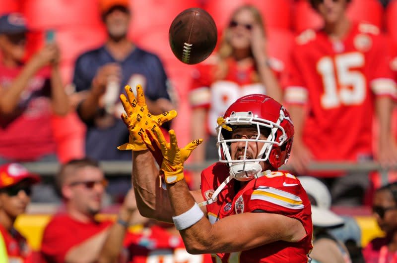 Kansas City Chiefs tight end Travis Kelce hauls in a catch during pregame warmups before facing the Chicago Bears on Sunday at GEHA Field at Arrowhead Stadium in Kansas City, Mo. Photo by Jon Robichaud/UPI