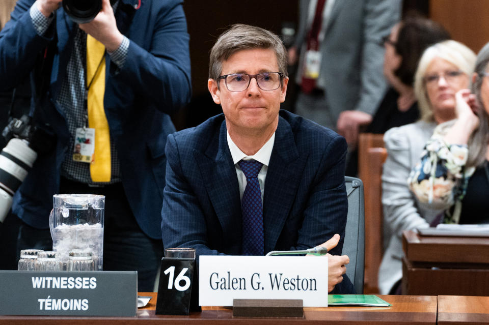 Galen G. Weston, Chairman and President of Loblaw Companies Limited waits to appear as witnesses at the Standing Committee on Agriculture and Agri-Food (AGRI) investigating food price inflation in Ottawa, Wednesday, March 8, 2023. THE CANADIAN PRESS/Spencer Colby