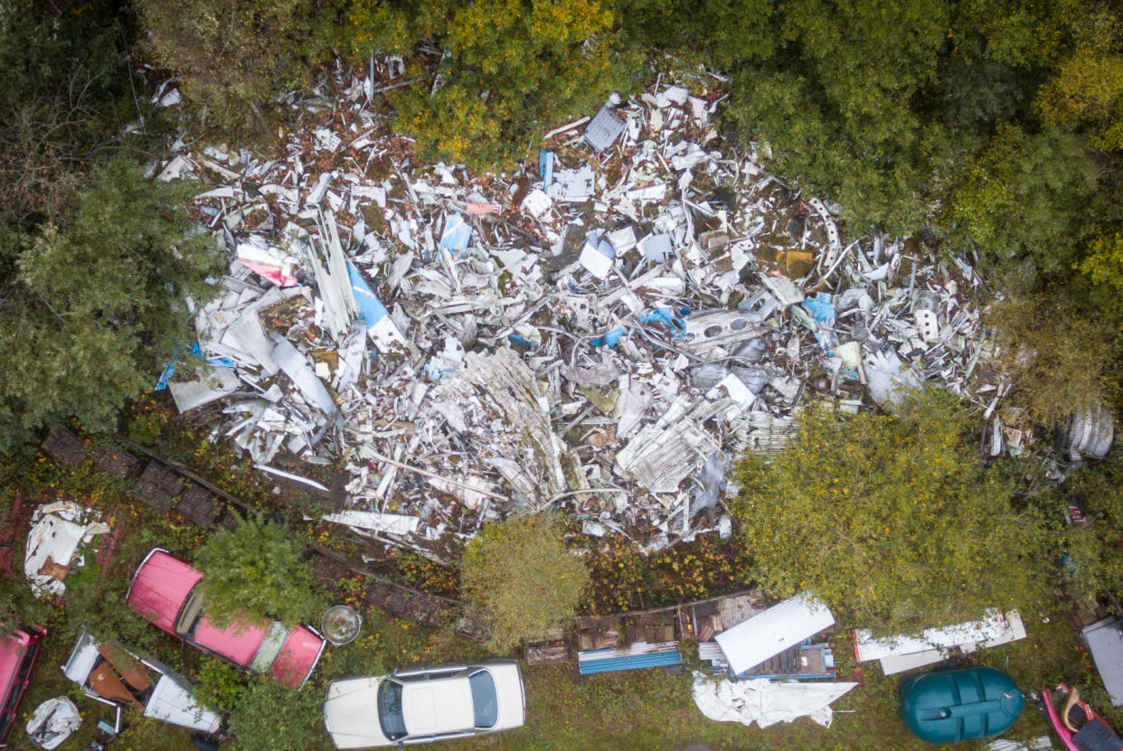 The wreckage of Pan Am flight 103 lays in a scrap yard in Lincolnshire, 30 years on from the disaster. (SWNS)