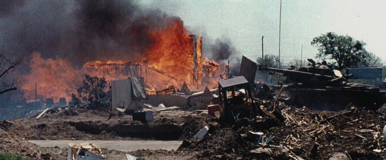 The aftermath of the fire that destroyed the Branch Davidian compound in Waco, claiming 76 lives. (Photo: Courtesy of Netflix)
