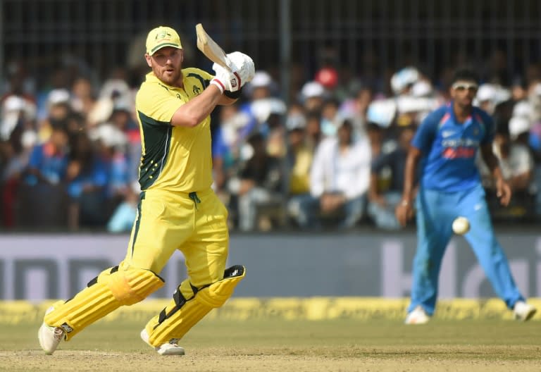 Australia batsman Aaron Finch plays a shot during the third one-day international against India at the Holkar Stadium in Indore on September 24, 2017