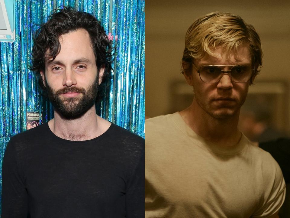 Penn Badgley and Evan Peters as Jeffrey Dahmer (Getty / Netflix)