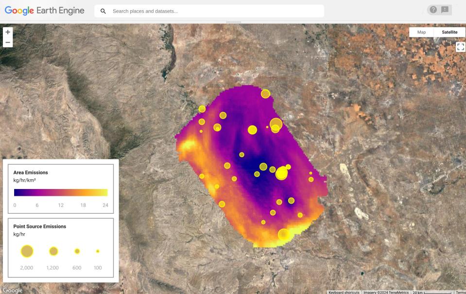 A visual of Google's methane emissions map. Yellow dots mark the source and purple, orange, and yellow shading shows how the emissions diffused over a wider area.