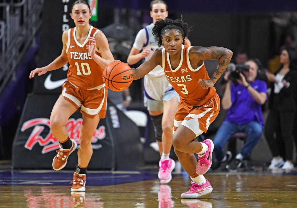 Texas' Rori Harmon dribbles the ball up court in the first half of the game against Kansas State on March 4, 2023. (Photo by Peter G. Aiken/Getty Images)