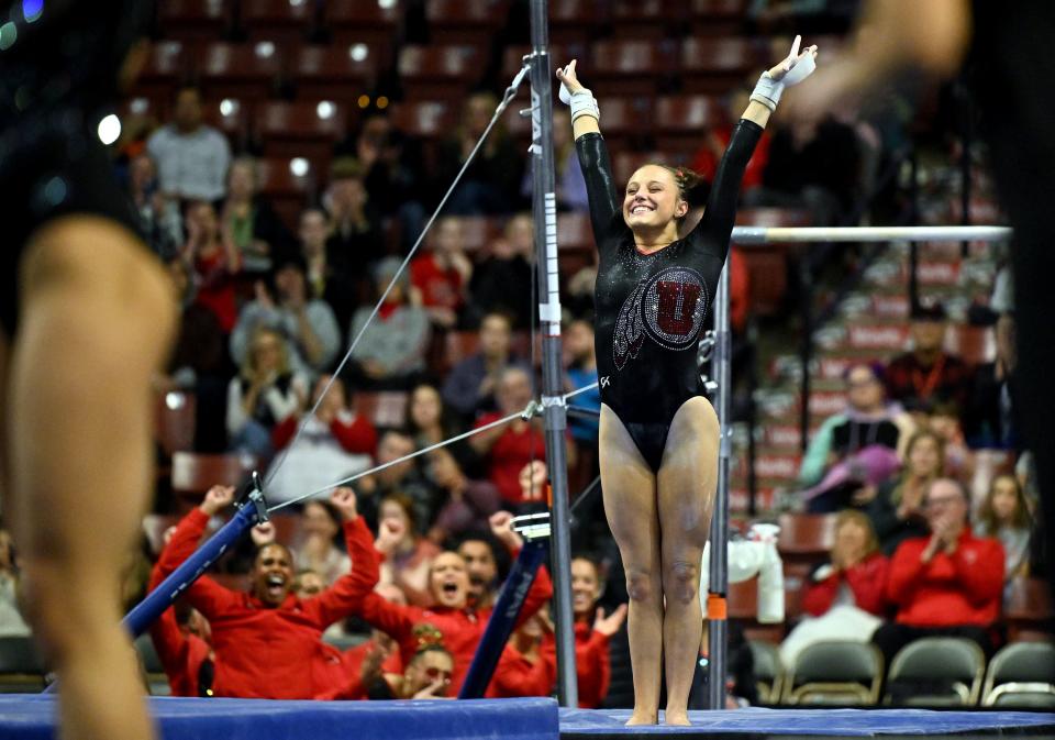 Utah’s Ella Zirbes sticks her landing on the bars as BYU, Utah, SUU and Utah State meet in the Rio Tinto Best of Utah Gymnastics competition at the Maverick Center in West Valley City on Monday, Jan. 15, 2024. | Scott G Winterton, Deseret News