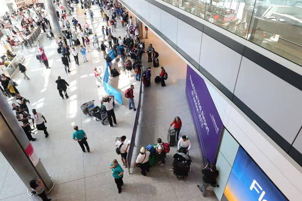 A general view of arrivals in Terminal 5 at Heathrow Airport, London.