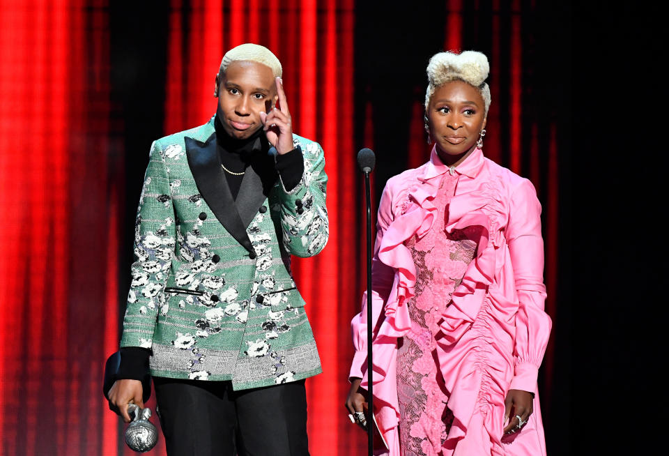 HOLLYWOOD, CALIFORNIA - MARCH 30: Lena Waithe and Cynthia Erivo speak onstage at the 50th NAACP Image Awards at Dolby Theatre on March 30, 2019 in Hollywood, California. (Photo by Earl Gibson III/Getty Images for NAACP)