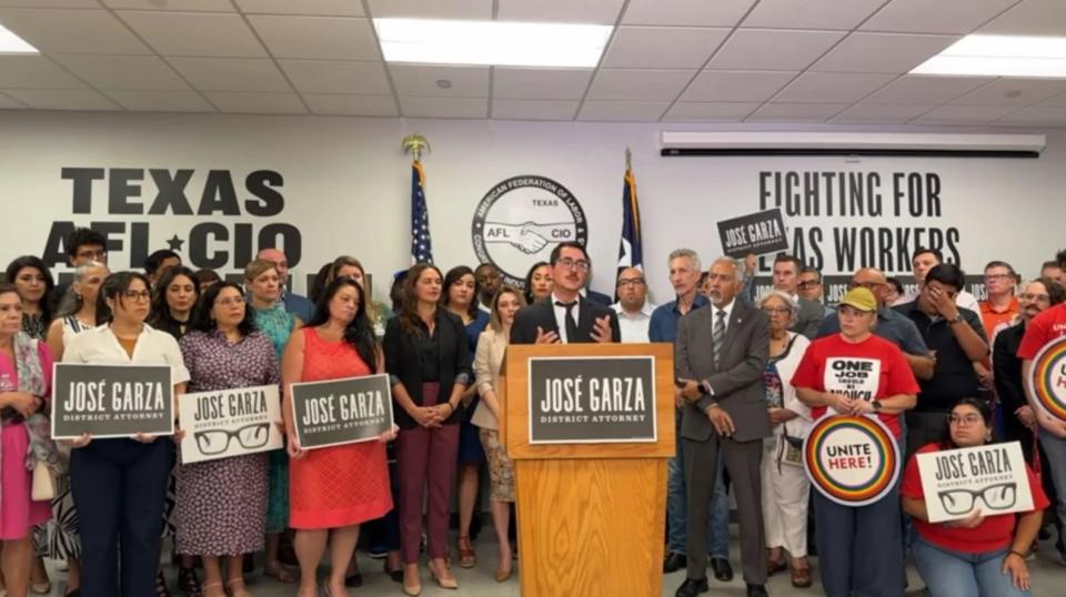 
           District Attorney José Garza announced his campaign at the Texas AFL-CIO headquarters. (Source: Garza campaign livestream)

        