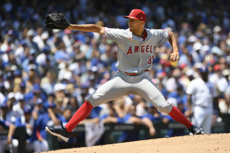 Los Angeles Angels starter Tyler Anderson delivers a pitch during the first inning of a baseball game against the Chicago Cubs, Saturday, July 6, 2024, in Chicago. (AP Photo/Paul Beaty)