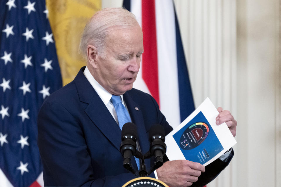 President Joe Biden shows an air quality chart for Washington as he speaks about Canada's wildfires during a news conference with British Prime Minister Rishi Sunk in the East Room of the White House in Washington, Thursday, June 8, 2023. (AP Photo/Manuel Balce Ceneta)