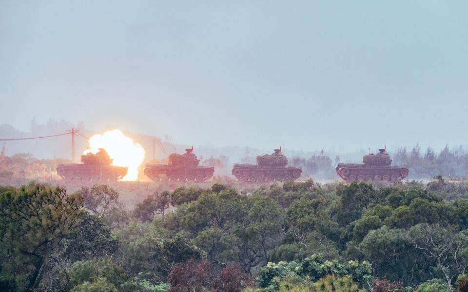 Taiwanese CM-11 tanks firing during an exercise. Tanks could take a heavy toll against Chinese invaders landing in Taiwan