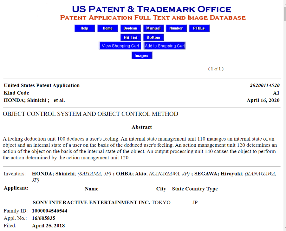 Sony曾（2018年4月25日）申請一遊戲主機內的AI助理服務專利，稍早再次向美國專利商標局遞交專利內容，Sony準備以AI技術打造可陪同玩家遊玩或協助提昇玩家遊玩技巧的機器人技術。圖為今年4月16日Sony再次遞交的專利。   圖：擷取自美國專利商標局官網