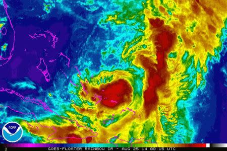 Tropical Storm Cristobal is seen in a NASA Goes Satellite infrared image taken at 20:15 EST (00:15 GMT) August 25, 2014. REUTERS/NASA/Handout