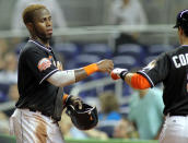 MIAMI, FL - APRIL 13: Jose Reyes #7 of the Miami Marlins scores a run against the Houston Astros at Marlins Park on April 13, 2012 in Miami, Florida. (Photo by Marc Serota/Getty Images)