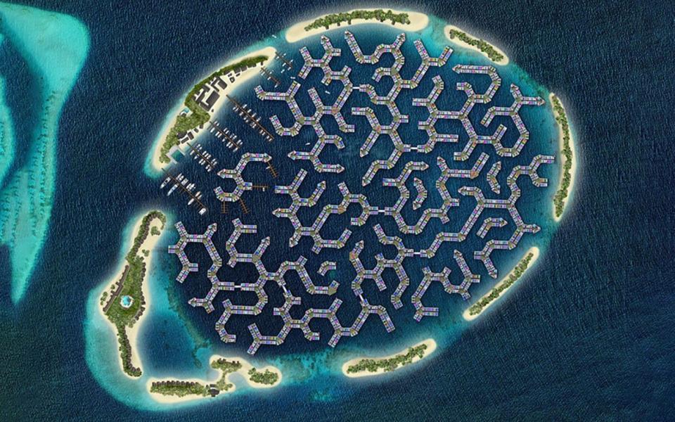 The Maldives Floating City is designed to resemble the hexagonal structure of brain coral