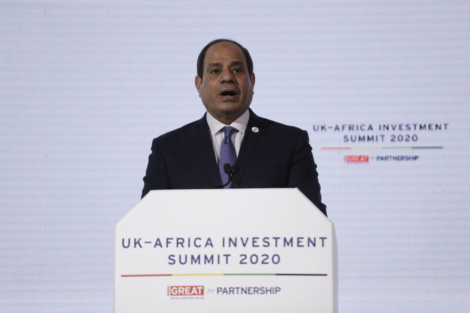 Egyptian President Abdel Fattah el-Sisi delivers a speech during the Opening Plenary session of the UK Africa Investment Summit in London, Monday, Jan. 20, 2020. Johnson is hosting African leaders, businesses and international institutions at the one-day summit in London. The event is taking place as Britain prepares for post-Brexit negotiations with countries around the world. (AP Photo/Matt Dunham, Pool)