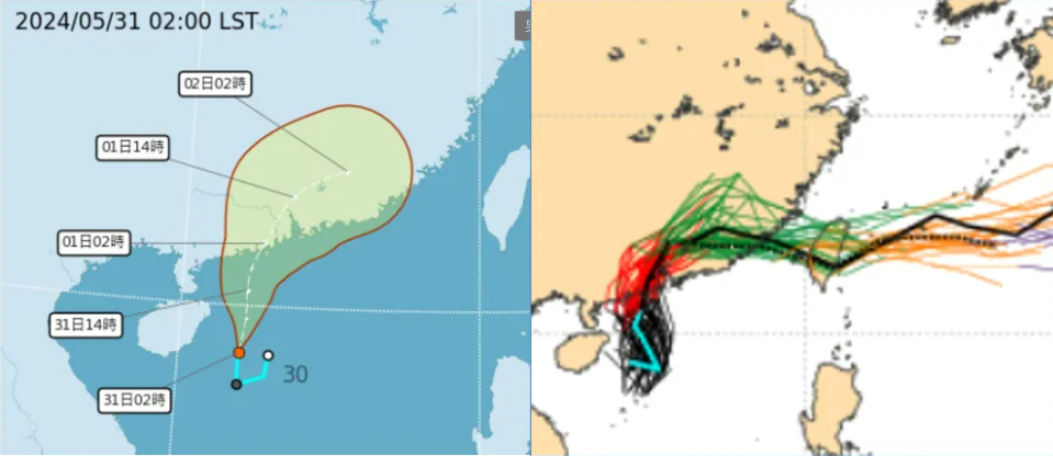 最新（31日2時）氣象署路徑潛勢預測圖（左）顯示，南海一個熱帶低壓今日將發展為今年第2號颱風「馬力斯」，其行徑與最新（30日20時）歐洲（ECMWF）模式系集模擬（右）類似，先向北前進、再轉向偏東，直到明日登陸廣東後減弱。取自氣象應用推廣基金會網站