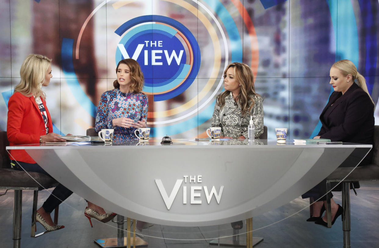 Elisabeth Hasselbeck (Far L) is responding to Meghan McCain (Far right)'s comments about her previous coronavirus stance on a March 11 episode of "The View."(Photo: Getty Images)