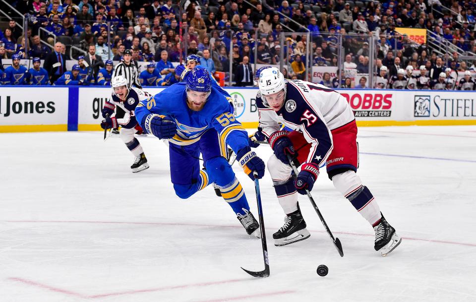 Nov 27, 2021; St. Louis, Missouri, USA;  St. Louis Blues defenseman Colton Parayko (55) defends against Columbus Blue Jackets left wing Gregory Hofmann (15) during the first period at Enterprise Center. Mandatory Credit: Jeff Curry-USA TODAY Sports