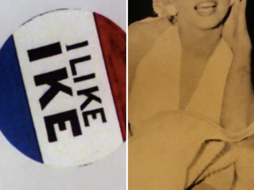 an i like ike pin (left) and a cropped photo of marilyn monroe in her famous white dress (right)