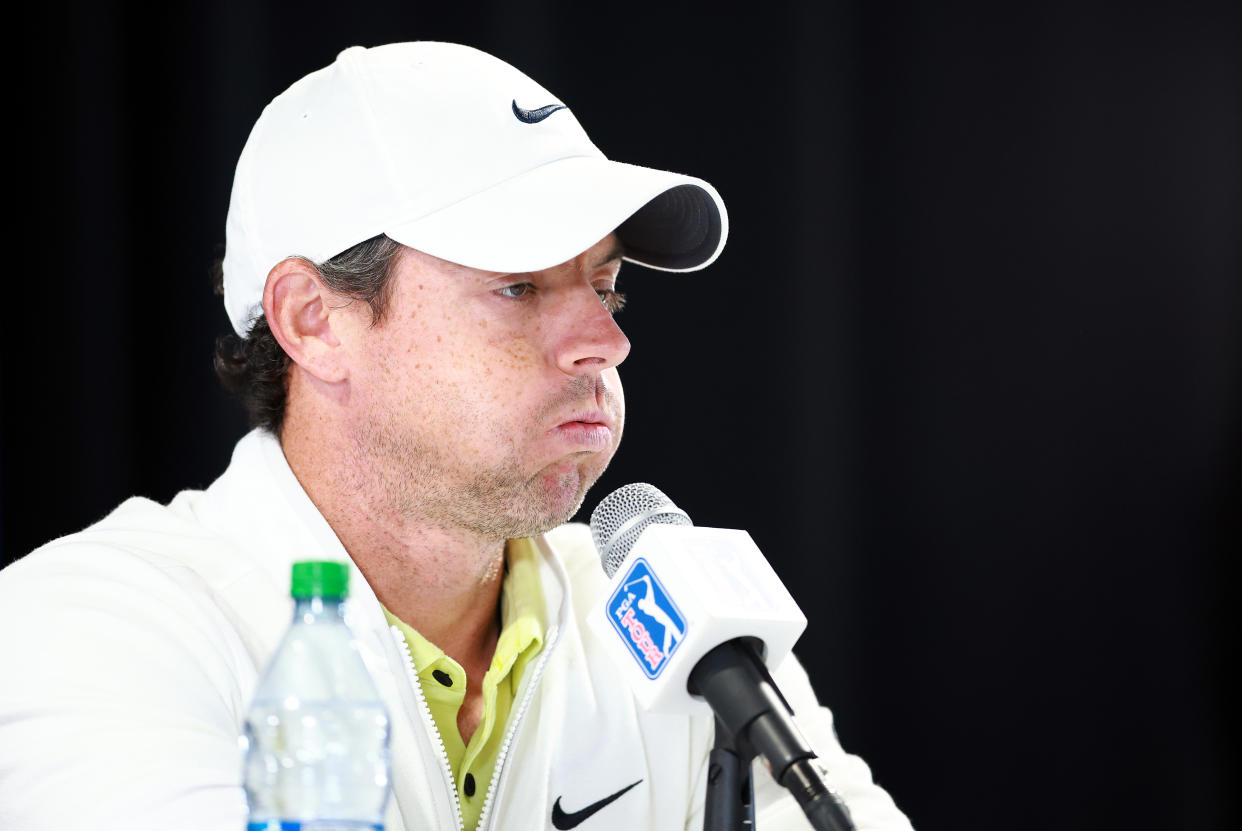 Rory McIlroy tries to deal with the fallout of Tuesday's seismic news. (Vaughn Ridley/Getty Images)