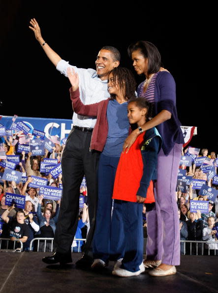 Jumping back to 2008, Democratic presidential nominee U.S. Sen. Barack Obama (D-IL) and his wife Michelle stand with their daughters Malia (L) and Sasha during a campaign rally at Parkview High School November 1, 2008 in Springfield, Missouri. (Photo by Joe Raedle/Getty Images)