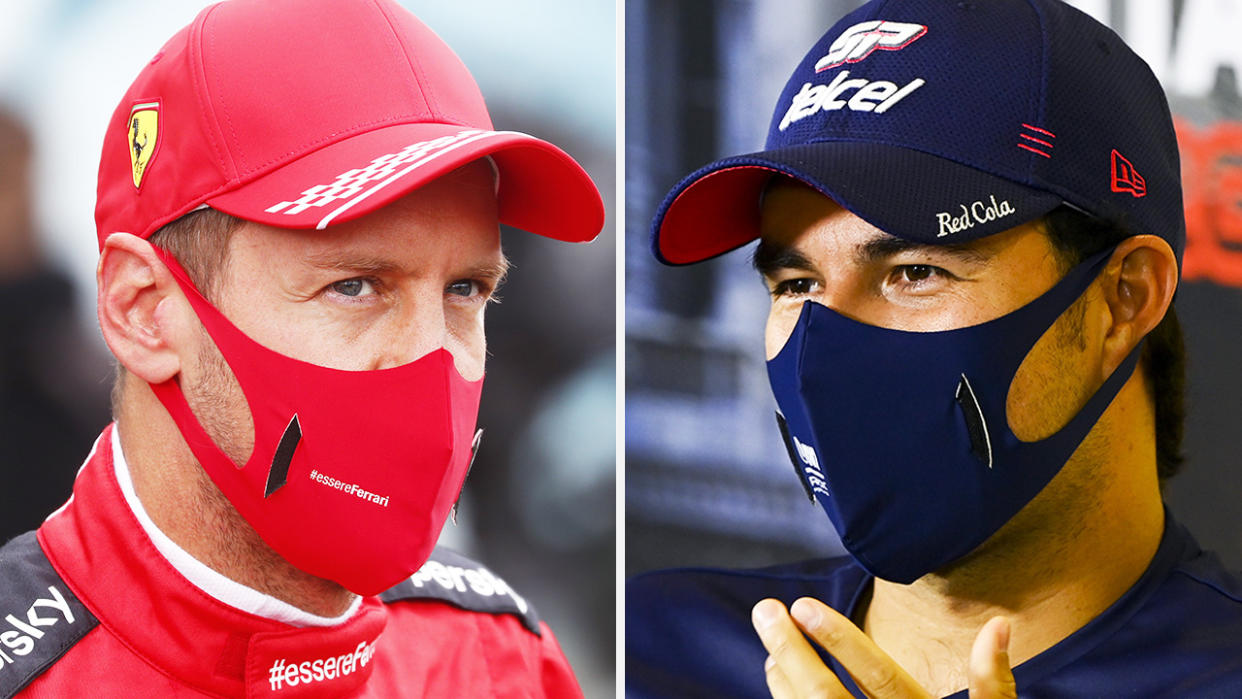 A 50-50 split image shows Sebastian Vettel on the left and Sergio Perez on the right.