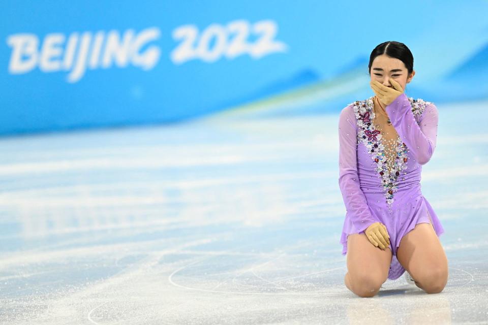 karen chen reacts after competing at the olympics