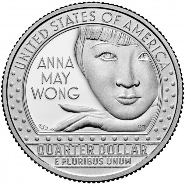 PHOTO: A new US quarter dollar is seen featuring, Anna May Wong, the first Chinese American film star in Hollywood, Jan. 18, 2022. (The U.S. Mint via Getty Images, FILE)