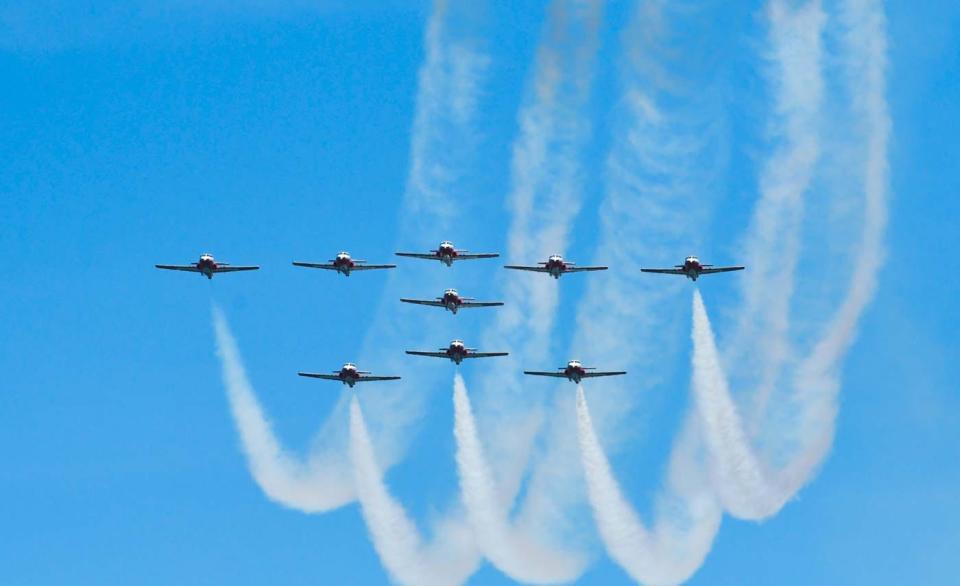 The Canadian Forces Snowbirds fly in formation during the OC Air Show on June 15, 2019, in Ocean City, Md.