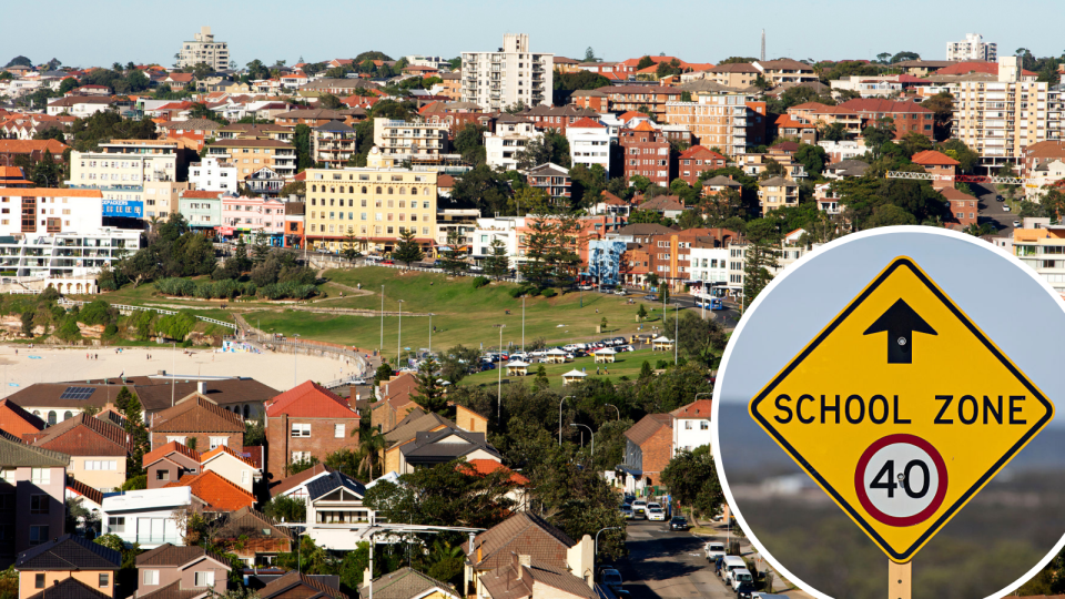 Image of Bondi Beach property; image of school zone sign