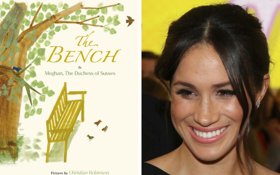 The Duchess of Sussex, and the cover of her book, The Bench