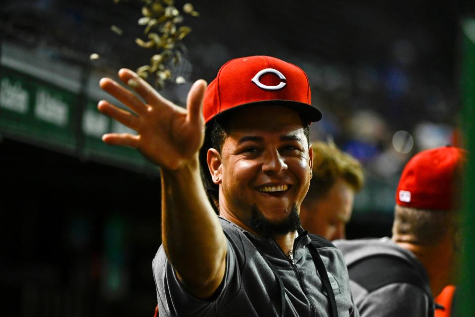 Jun 29, 2022; Chicago, Illinois, USA; Cincinnati Reds starting pitcher Luis Castillo (58) tosses sunflower seeds in the dugout during the sixth inning of their game against the Chicago Cubs at Wrigley Field.