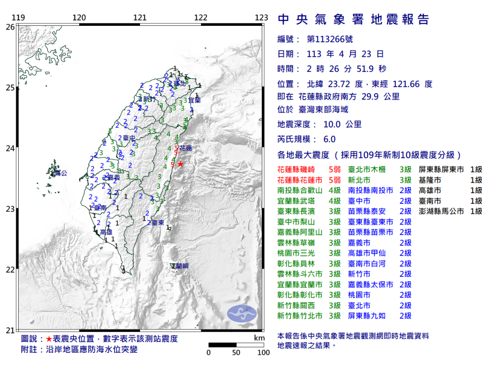 23日凌晨又發生連續兩次地震，規模6以上。（圖片來源：中央氣象署）