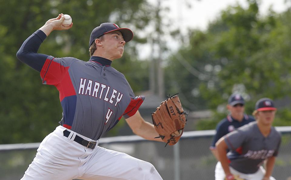 Senior Emmett Gillies and Hartley take on Chardon in a Division II state semifinal at 7 p.m. June 10 at Canal Park in Akron.