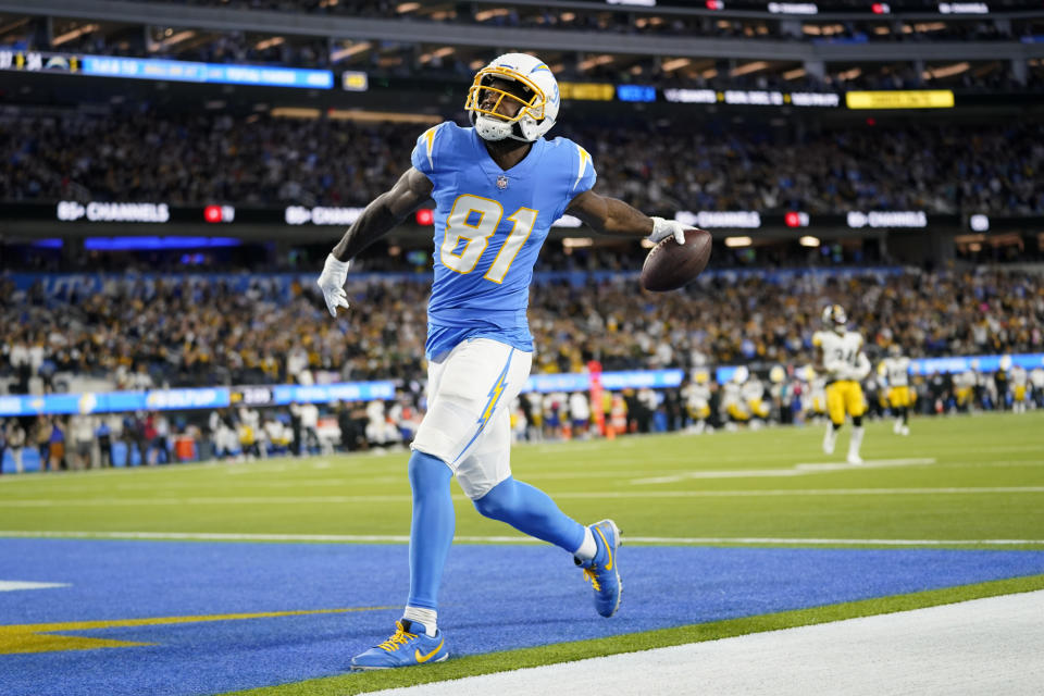Los Angeles Chargers wide receiver Mike Williams reacts after scoring a touchdown during the second half of an NFL football game against the Pittsburgh Steelers, Sunday, Nov. 21, 2021, in Inglewood, Calif. (AP Photo/Ashley Landis)