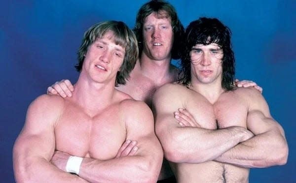 Kevin, David, and Kerry Von Erich standing shirtless