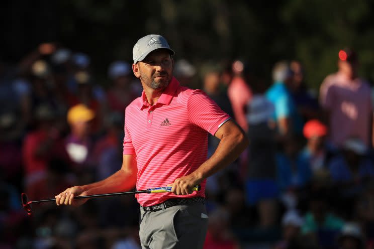 Sergio Garcia of Spain reacts on the 17th green during the final round of The Players. (Getty Images)