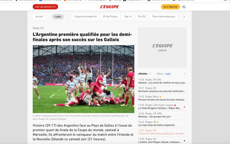 La edición digital de L'Equipe trató en forma destacada el triunfo de los Pumas.
