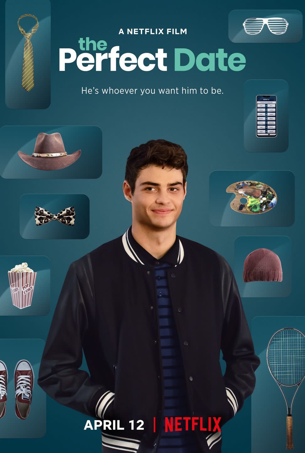 a man standing surrounded by shoes popcorn a bow tie a cowboy hat and other accessories