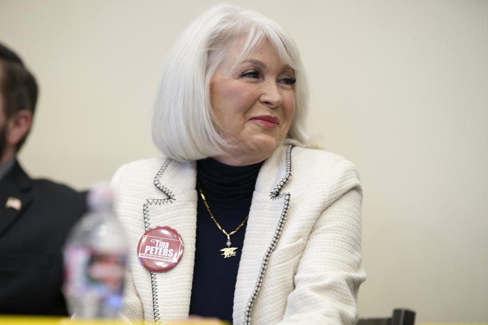 Candidate for the Colorado Republican Party chair position Tina Peters attends a debate sponsored by the Republican Women of Weld, Saturday, Feb. 25, 2023, in Hudson, Colo. (AP Photo/David Zalubowski)