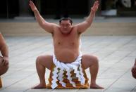 Mongolian-born grand sumo champion Yokozuna Hakuho performs the New Year's ring-entering rite at the annual celebration for the New Year at Meiji Shrine in Tokyo, Japan January 6, 2017. REUTERS/Issei Kato