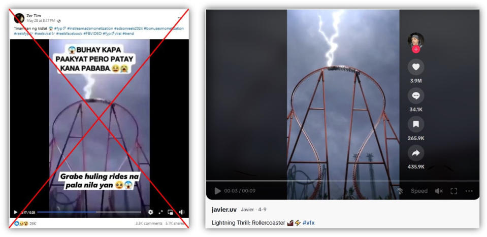<span>Screenshot comparison of the video on Facebook (left) and the original clip on TikTok (right)</span>