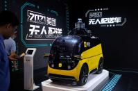 Autonomous delivery vehicle by Meituan is displayed at the World Artificial Intelligence Conference in Shanghai