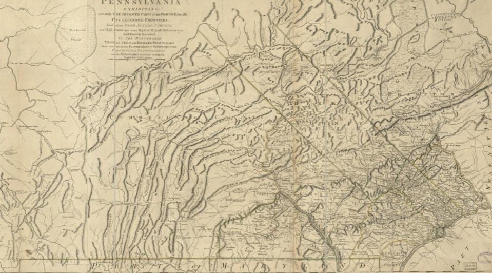 York County before the American Revolution is seen in this W. Scull map of 1770. The county, then including today’s Adams County, stands out at the bottom of the map. This large geographical footprint west of the Susquehanna caused historian Thomas L. Schaefer to write in 1999: “The county represented Pennsylvania’s last best farmland that possessed reasonably easy access to major shipping ports. Beyond those borders were trees, trees and more trees.”