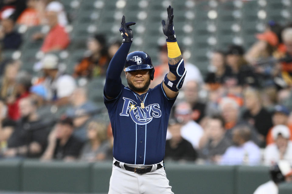 Tampa Bay Rays' Harold Ramirez gestures after he singled during the fourth inning of the team's baseball game against the Baltimore Orioles, Wednesday, May 10, 2023, in Baltimore. (AP Photo/Nick Wass)